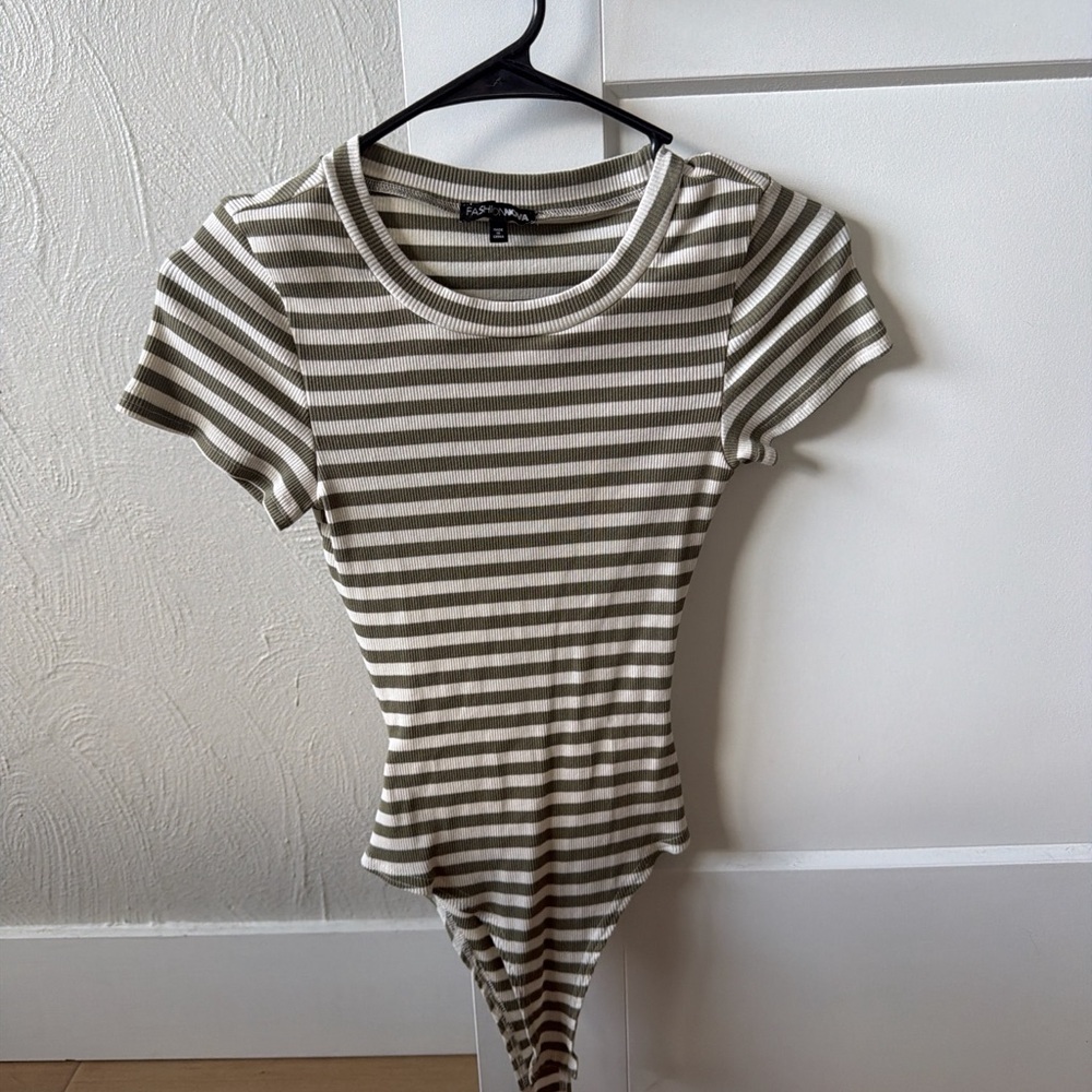 Fashion Nova Olive & White Striped Ribbed Bodysuit